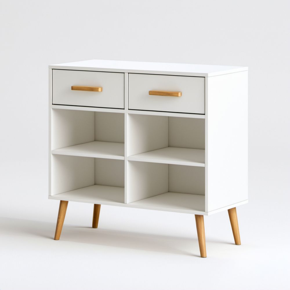 Biała szafka na buty MDF z 2 szufladami i 4 otwartymi komorami, 90 x 35 x 90 cm