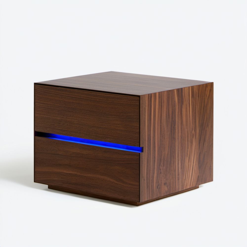 Brązowa szafka nocna z 2 szufladami i oświetleniem LED, płyta MDF i fornir orzechowy, 50 × 40 × 50 cm