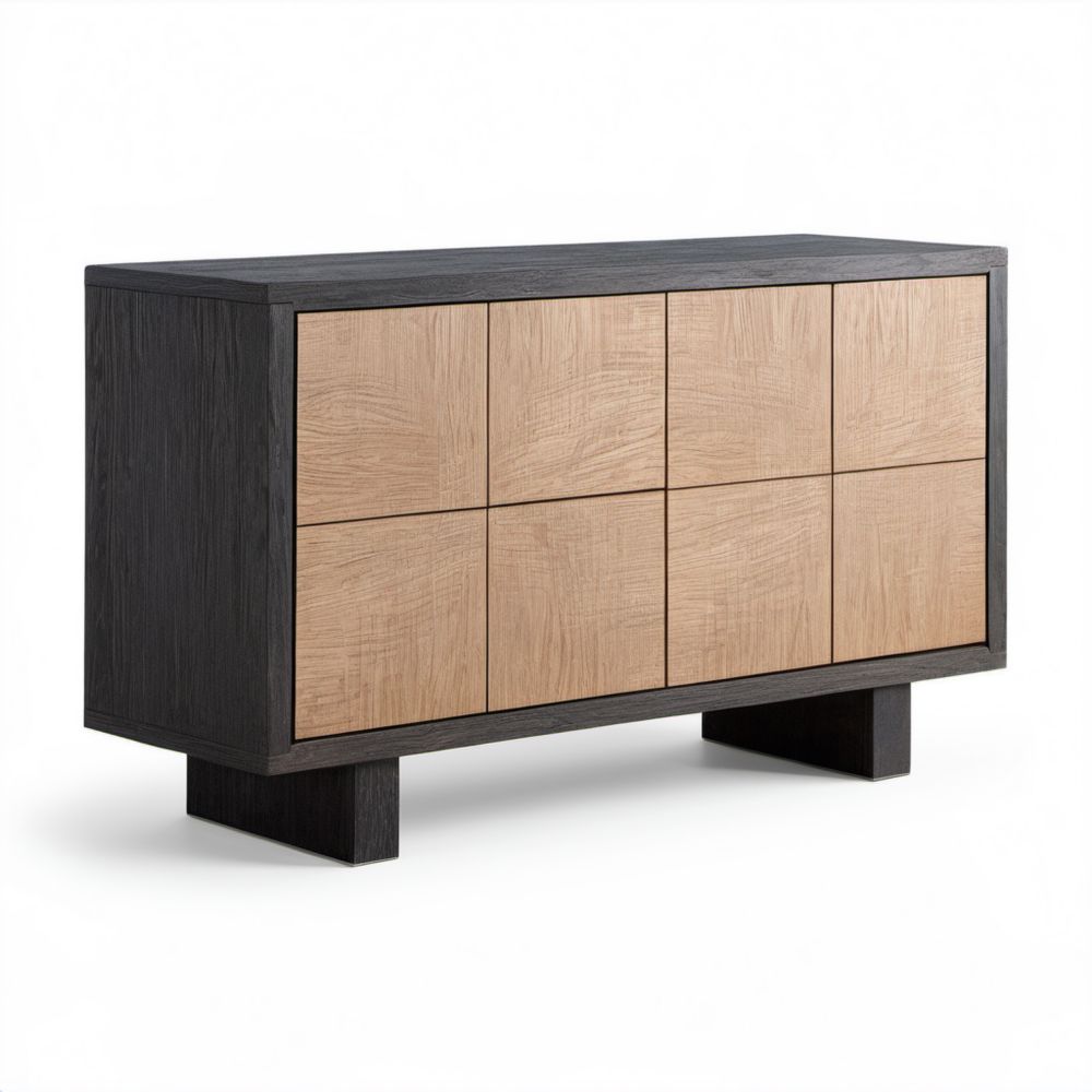 Kredens z płyty MDF czarny i jasny dąb, 4 drzwi, 160 × 40 × 85 cm