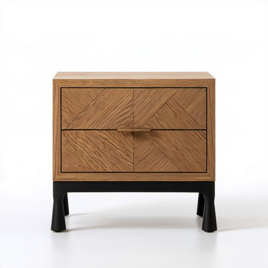 Brązowo-czarna szafka nocna z 2 szufladami z płyty MDF z fornirem dębowym, 60 × 40 × 60 cm