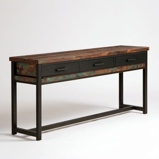 Konsola z 3 szufladami z drewna i metalu, brązowo-czarno-zielona, 140 × 35 × 76 cm