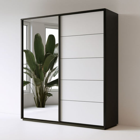 Czarno-biała szafa przesuwna z lustrem z płyty wiórowej laminowanej 150 x 60 x 200 cm